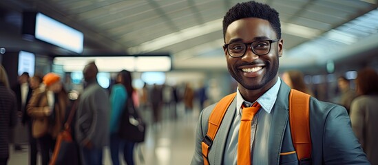 Excited and focused African businessman with a happy smile ready for his international business trip carrying passport and paperwork at the airport for immigration and air travel With copysp