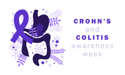 Crohn’s and Colitis Awareness Week. Purple awareness ribbon, stomach, intestine, bowel. Crohn's Disease and Ulcerative Colitis