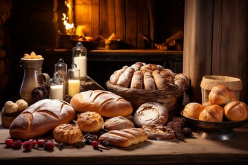 Charming food arrangement of homemade bakery items in a rustic setting. Generative AI - obrazy, fototapety, plakaty