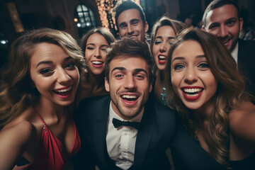 Obraz premium Cheerful crowd cheering. Women and men standing at party night, meeting. Party people celebrating in the club. Generative AI.