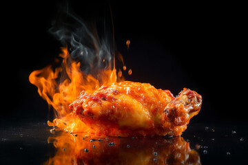 Hot chicken wing in flame generative AI