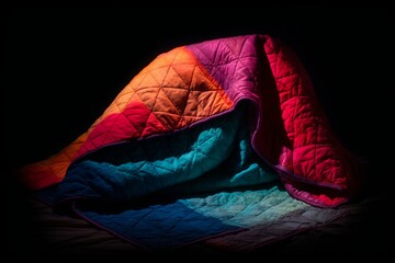 A quilt with vibrant colors displayed against a dark background, featuring a hazy image of a bed spread with intricate quilting. Generative AI - obrazy, fototapety, plakaty