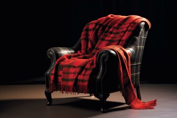 A chair with a red and black plaid blanket on its back. Generative AI