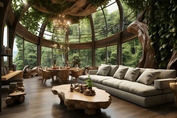 Obrazy na Plexi  A forest house's living room with natural interior design. Generative AI