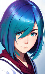 closeup portrait of a beautiful pensive girl with blue hair in anime style, cute kawaii anime girl. Manga style, japanese cartoon, anime woman.