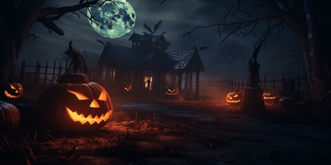 halloween night sceen scary haunted house pumkins jack-o-lanterns background cinematic