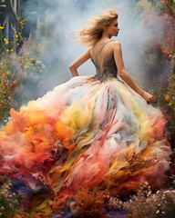 Schöne Frau mit farbenfrohen Kleid