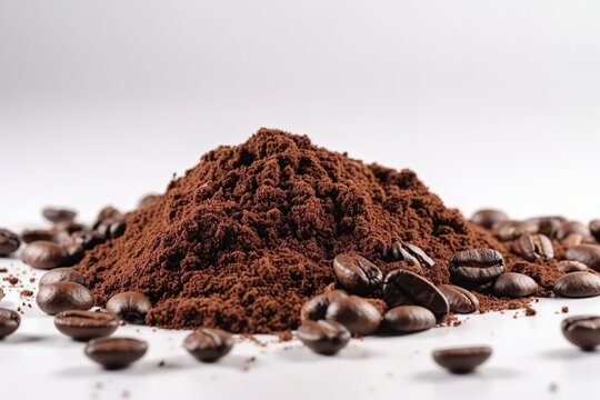image of ground coffee and beans on white background.