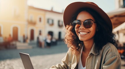 Remote work concept. Cheerful cute woman working on a laptop on vacation.
