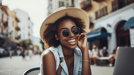 Fototapeta premium Remote work concept. Cheerful cute woman working on a laptop on vacation.