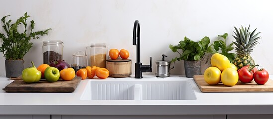 Kitchen island sink with black faucet and double basin sink adorned with fruit basket With copyspace for text