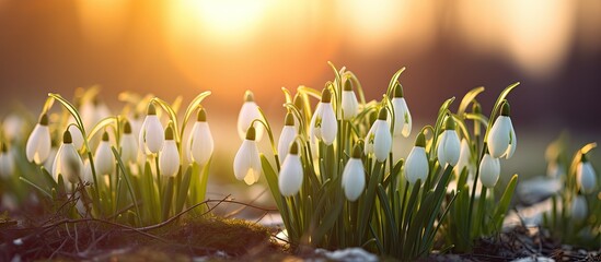 Spring snowdrop flowers blooming in sunny day with shallow depth of field during sunset With copyspace for text