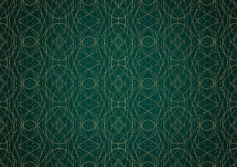 Hand-drawn unique abstract gold ornament on a dark green cold background, with vignette of darker background color. Paper texture. Digital artwork, A4. (pattern: p10-2c)