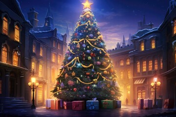 Christmas tree in the old town at night. Created with Generative AI tools
