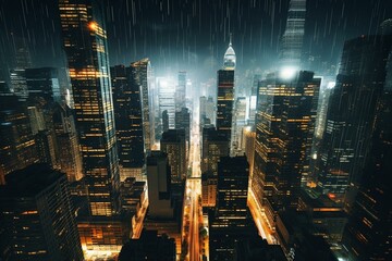Fototapeta na wymiar Urban night view with lit skyscrapers from above. Generative AI
