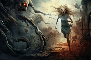 Horror scene with a girl in a dress running away from the zombies. Created with Generative AI tools