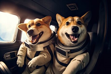 Cute corgi dogs in the backseat of a car. Created with Generative AI tools