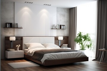Fototapeta na wymiar Modern small space bedroom interior for a student or young couple with contemporary furniture. Space optimization ideas