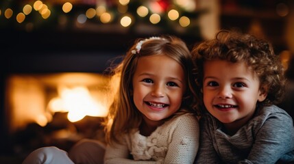 Christmas, family gathered to celebrate the holiday of Christmas, giving gifts, sitting by the fireplace, Christmas interior decorations. Winter atmosphere, warm attitude, carefree feeling