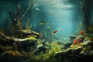 An aquatic environment with log and diverse fish swimming, while climate changes. Generative AI