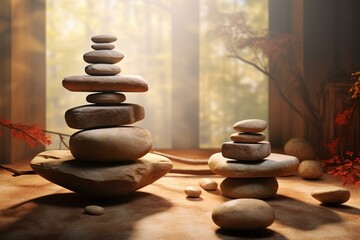 Stacked zen stones in a room. 3D artwork. Generative AI