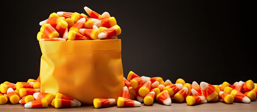 Candy corn falling from treat bag With copyspace for text