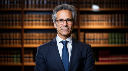 an accomplished male lawyer stands in front of a bookshelf lined with legal tomes, his confident posture and attentive eyes symbolizing his dedication