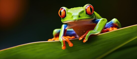 Naklejka premium Red eyed Tree Frog perched on leaf in Costa Rican tropical forest