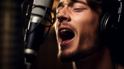 a male voice coach trains singers, sheet music and vocal exercises visible, his expertise in vocal techniques and music theory guiding aspiring artists