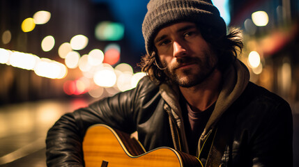 Obraz premium a passionate male musician strums his acoustic guitar under the city lights, his soulful expression 