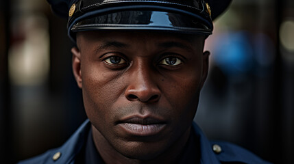 a dedicated male police officer stands in uniform, his alert eyes and strong presence representing his commitment to maintaining law and order
