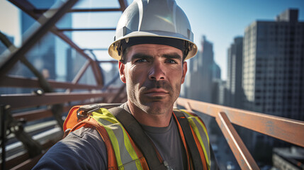 a construction worker atop a steel beam, high above the city, a backdrop of cranes and scaffolding symbolizing progress and growth. 