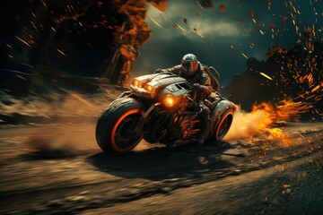 Futuristic motorcycle on the road. Created with Generative AI tools