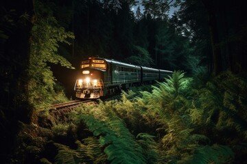 A train moving through a verdant forest with trees and bushes, illuminated by a bright front light. Generative AI