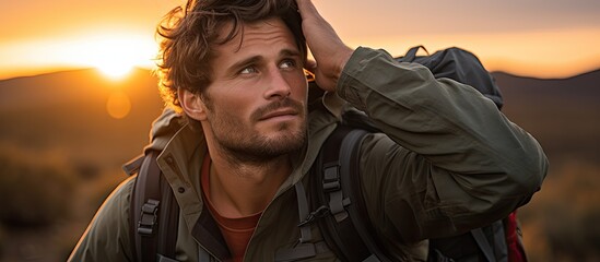 Young man with backpack shielding eyes from the setting sun With copyspace for text