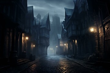 Fototapeta na wymiar A spooky medieval street with a sinister atmosphere, engulfed in fog during dusk. Generative AI