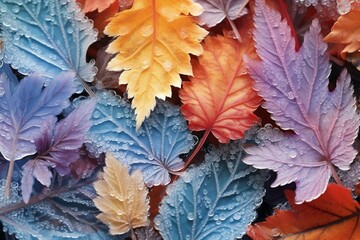 A detailed view of frozen crystals on colorful leaves. Generative AI