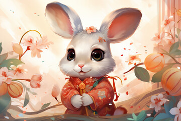 Joyful Rabbit Celebrates Chinese Lunar New Year with Festive Cartoon
