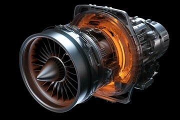 X-ray style turbofan engine on black background. 3D rendering. Generative AI