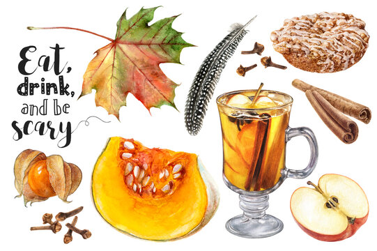 Watercolor illustration of mulled wine, pumpkin, leaves and desserts close up. A hand-drawn Halloween autumn set.