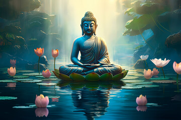 A Buddha statue sitting on top of the water in the middle of water lilies. Generative AI - obrazy, fototapety, plakaty