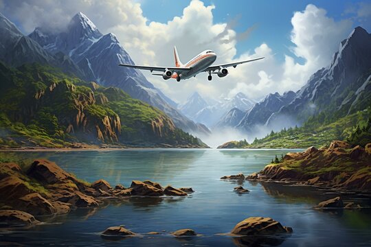 A scenic landscape with an airplane landing on calm waters. Generative AI