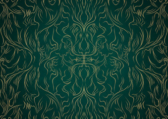Hand-drawn unique abstract gold ornament on a dark green cold background, with vignette of darker background color. Paper texture. Digital artwork, A4. (pattern: p11-1a)