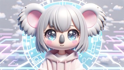 A heartwarming koala avatar finds solace in a pastel gray cyber realm, exuding calmness and gentle allure.