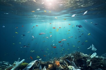 Naklejka na ściany i meble Illustration of underwater scene showing accumulated trash. Concept: sustainability of planet earth. Generative AI
