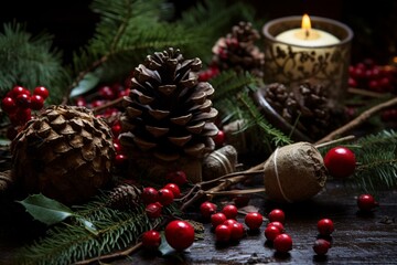 Obraz na płótnie Canvas Festive holly berry and pine cone Christmas decoration. Generative AI