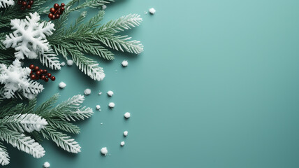 christmas tree branch with snow and berries on blue background