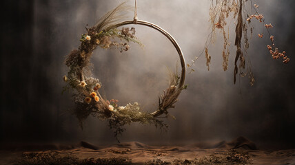 a wreath with dried flowers and branches hanging from it - obrazy, fototapety, plakaty