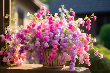 Sweet Peas pink flowers in a pot