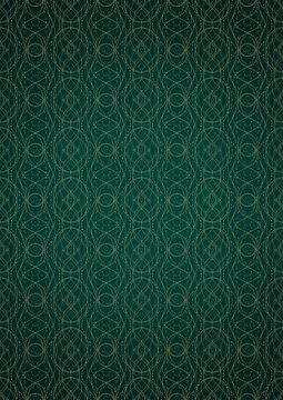Hand-drawn unique abstract gold ornament on a dark green cold background, with vignette of darker background color. Paper texture. Digital artwork, A4. (pattern: p10-2f)